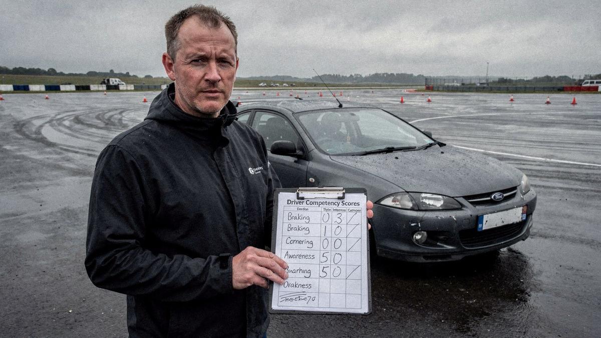 Instructor writing baseline competency scores on a clipboard beside a car at a handling pad