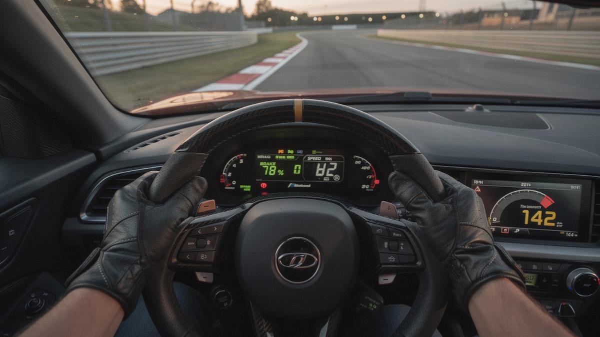 Driver's hands on a steering wheel at dusk with a telemetry display showing braking point and apex speed